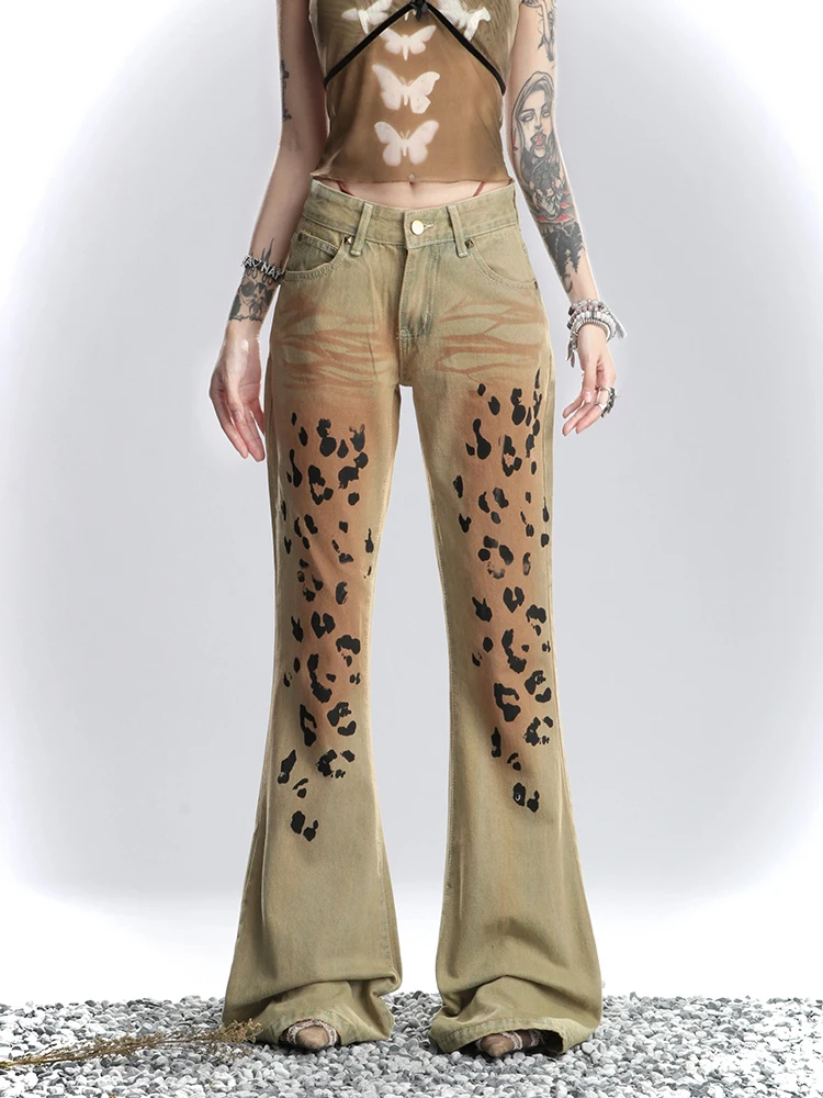 American High Street Washed Leopard Print Jeans Women Summer New Design Sense Niche Vintage Flared Pants