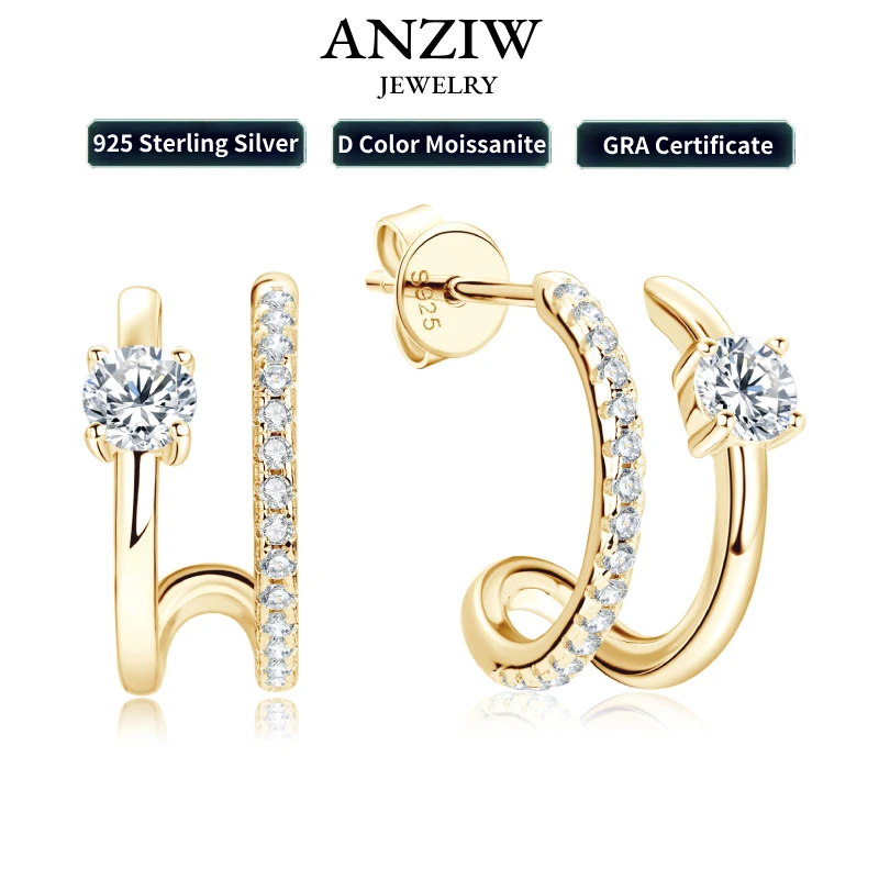 Anziw NEW 4mm Moissanite Piercing Stud Ear Cuffs 925 Sterling Silver Double Side Hoop Earrings for Women Illusion Jewelry Gifts