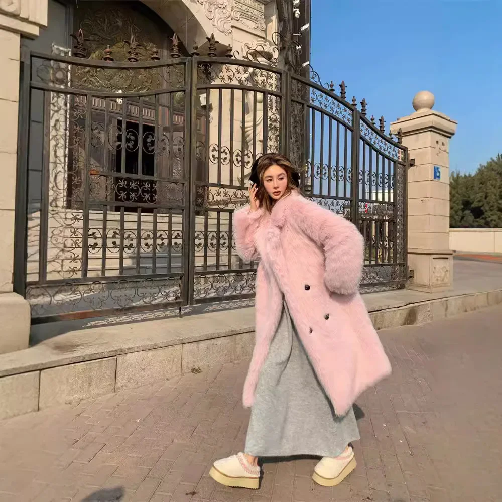 معطف شتوي للنساء من KIDCRKJ معطف فرو صديق للبيئة وردي مزدوج الصدر سترة نسائية سميكة من فرو المنك طويلة فوق الركبة معطف فرو صناعي للسيدات #3