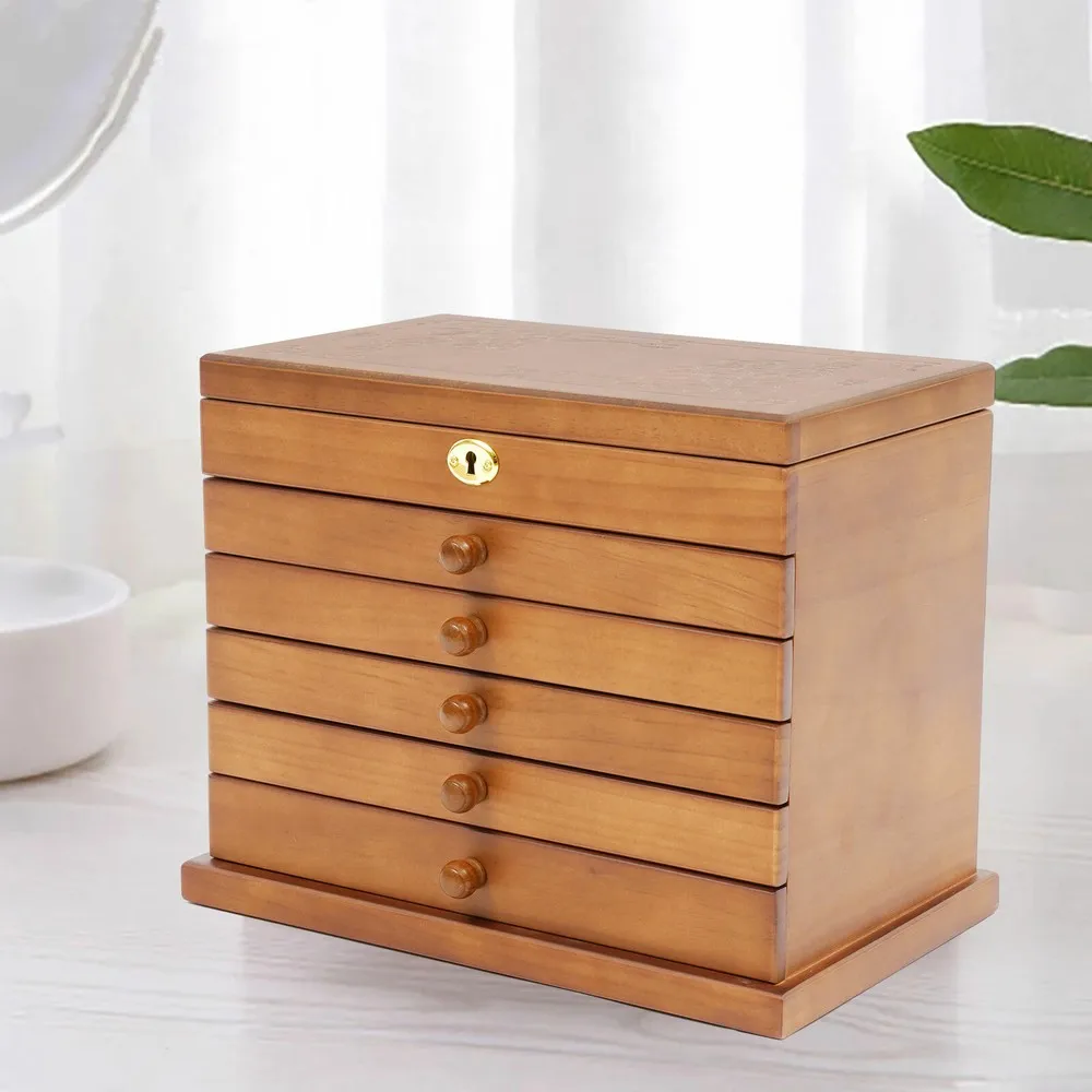 

6 Tiers Wooden Jewelry Box Storage Cabinet Four-Leaf Carved Top w/ Lock + Mirror