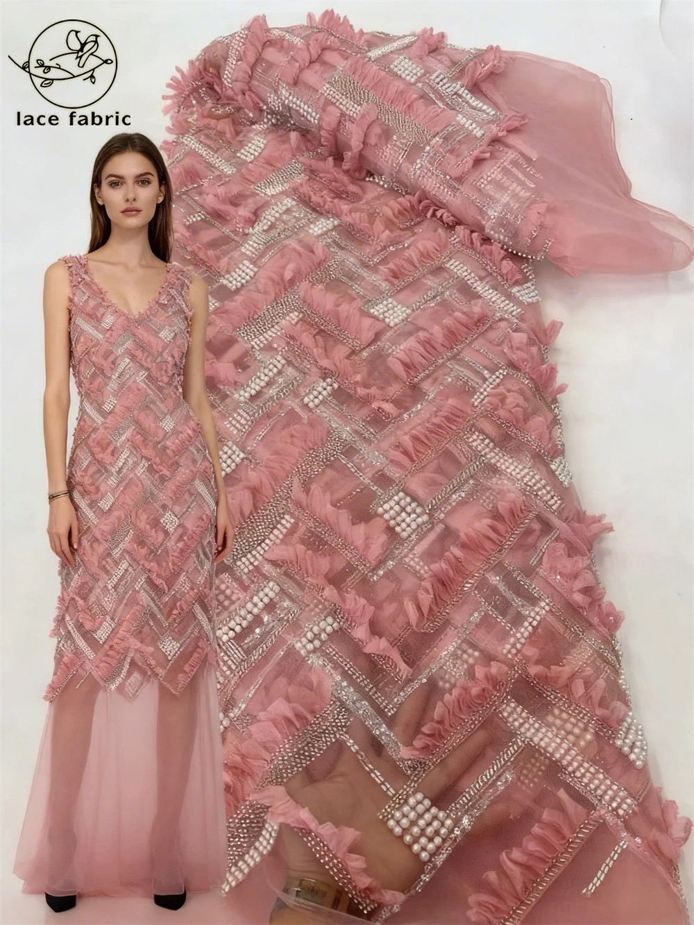 

Африканское 3D-кружево с пайетками 2026: Высококачественная ткань с вышивкой бисером, 5 ярдов, французское, нигерийское, для женщин, для свадеб и вечеринок