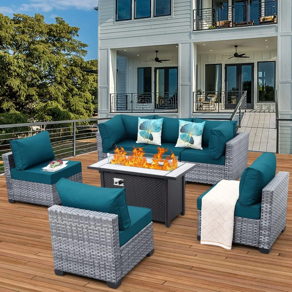 

7 Pieces Wicker Patio Furniture Set, with Fire Pit Table, Non-Slip Cushions, PE Rattan Outdoor Sectional Conversation Sofa Set