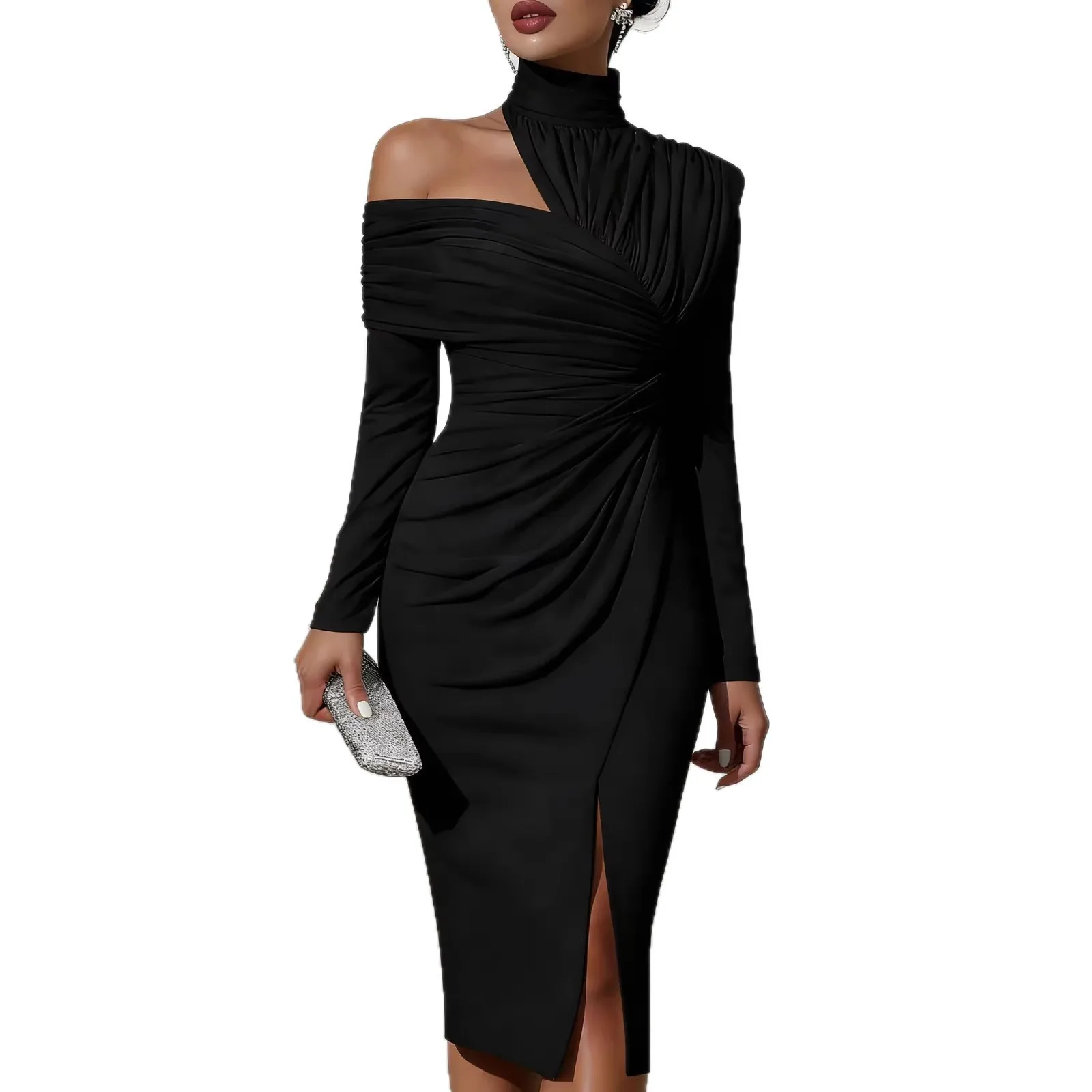 Casual Slit Dress Slim Fit Commuter Chic with Off Shoulder Seamless Construction Elegant and Graceful Party Dress for Women