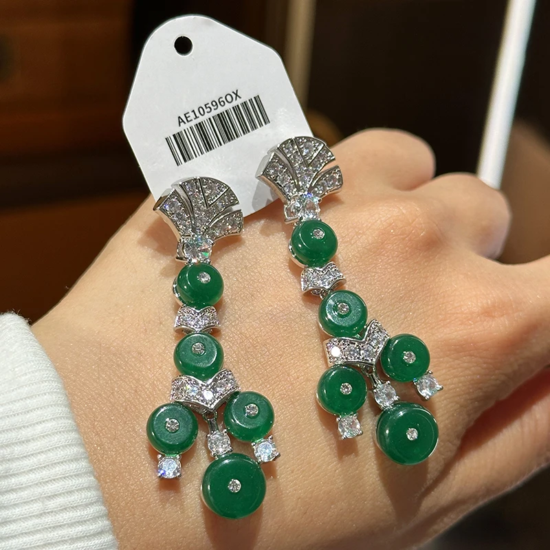 Beaded green fan-shaped tassel earrings for women wedding bridal dinner luxury jewelry