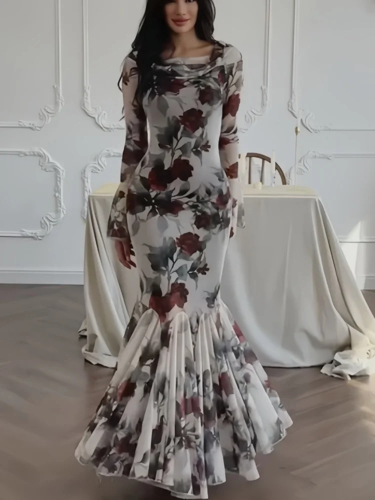 Sukienka damska Missuoo z długim rękawem, wzór róży, dopasowana, stylowa, z wysokim stanem, plisowana, z trenem typu rybka, elegancka suknia wieczorowa, kolekcja jesień 2025.