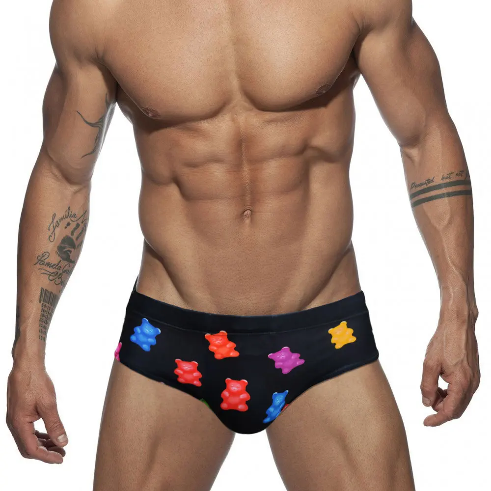 Men\'s Solid Color Printed Swim Trunks European American Fashion Sexy Low Waist Bikini Summer Beach Surfing Sport