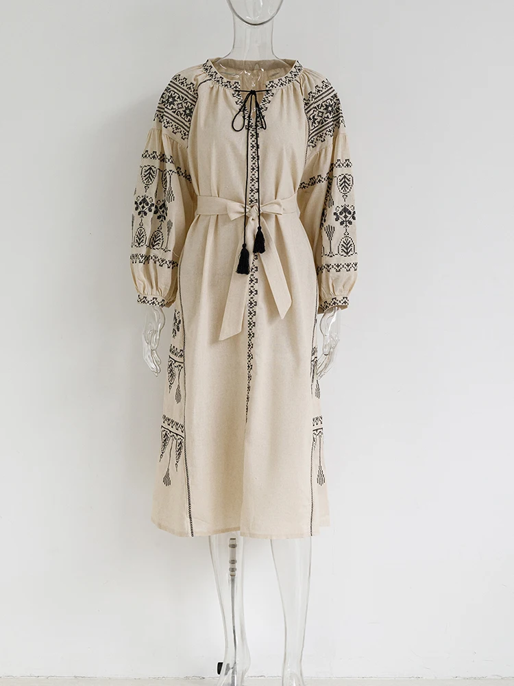 Bohemian Retro Ethnic Embroidered Dress Women's Spring Tassel V-Neck Lantern Sleeves Belt Waist Midi Dress Boho Beach Vestidos