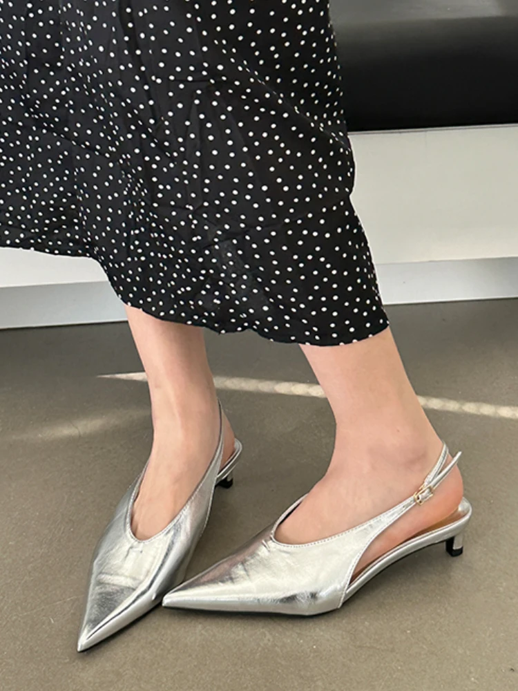 Bailamos Solid 2024 Summer New Sandals Women Fashion Pointed Toe Ladies Elegant Slingback Sandal Med Heel Dress Pumps Shoes Lady image 3