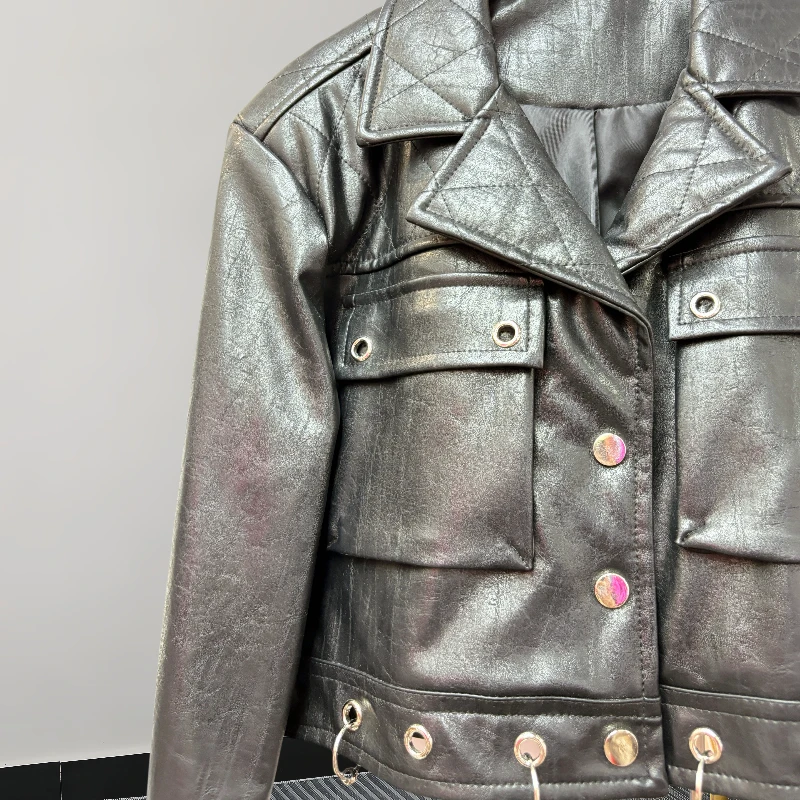 Autumn New Women Short Faux PU Leather Jacket Ring Rivet Big Pocket Lapel Long Sleeve Imitation Leather Biker Jackets Streetwear