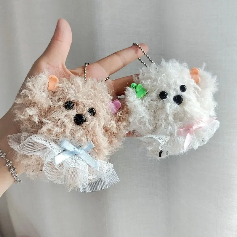 Cute Curly White Plush Puppy Keychain Pendant, with Lace Ruffle Bow,Bead Chain Attachment, Lovely Bag Ornament, Gift for Girls