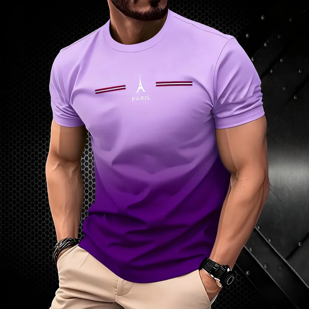 Summer Men's Clothing 3D Gradient Simple Paris Printed Men's T-Shirt Daily Fashion Oversized  Sports Round Neck Short Sleeve Top image 2