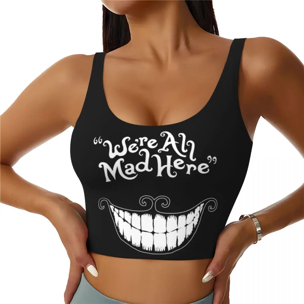 

Custom We Are All Mad Here Workout Crop Tank Tops Women Cheshire Cat Animal Running Sports Bras