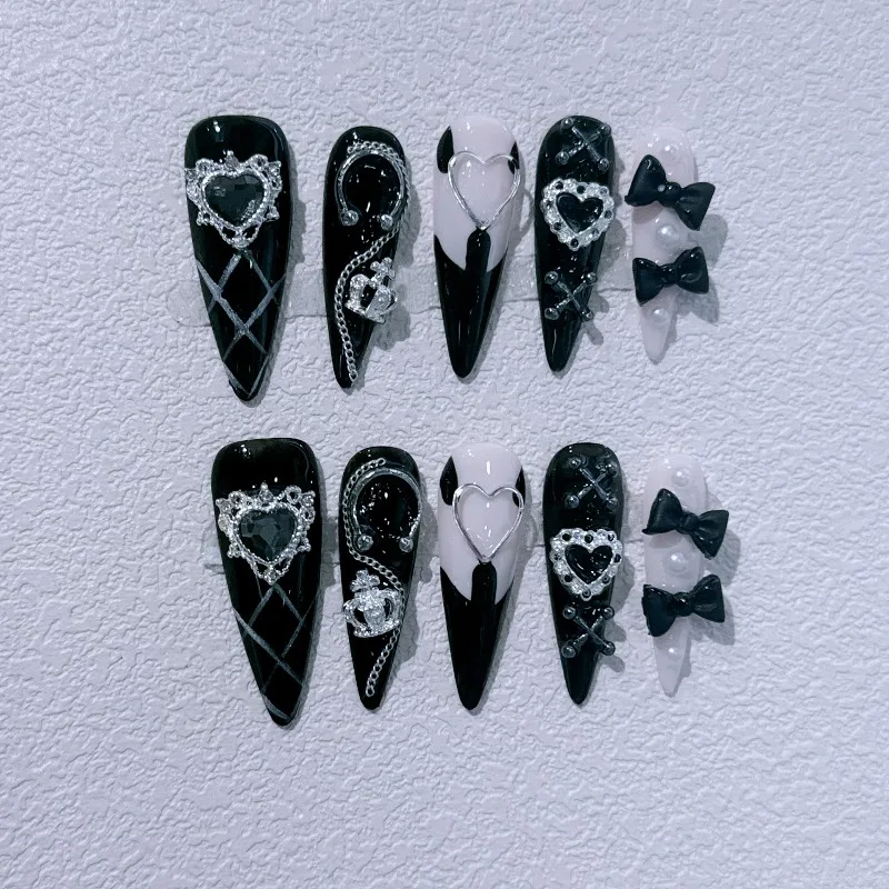 10 Stück 3D-Herzschleife, handgefertigt, zum Aufdrücken der Nägel, langes Stiletto, Schwarz, Weiß, mit Strassdetails, Punk, Y2K-Hot-Girl-Stil, künstliche Nägel