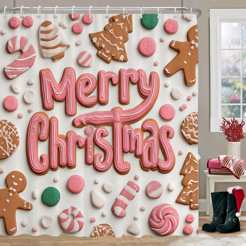 1 piece Christmas gingerbread man pattern printed shower curtain partition bathroom curtain with Hooks, Multiple Sizes Washable