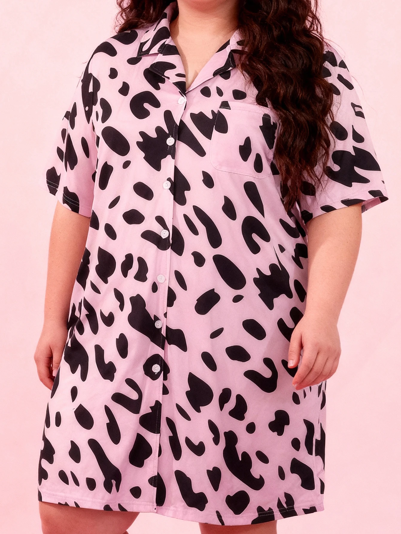 Plus Size Women's Spring Summer Leopard Print Lapel Short Sleeve Shirt Style Nightgown Soft Casual Home Sleep Dress - view 4