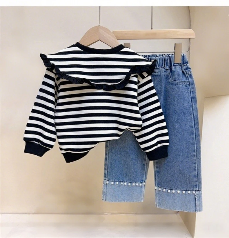 Girls Striped Bow Collar Top + Pearl Denim Jeans 2Pcs Outfit Set Kids Fashion Clothing Spring Autumn 4-12Y