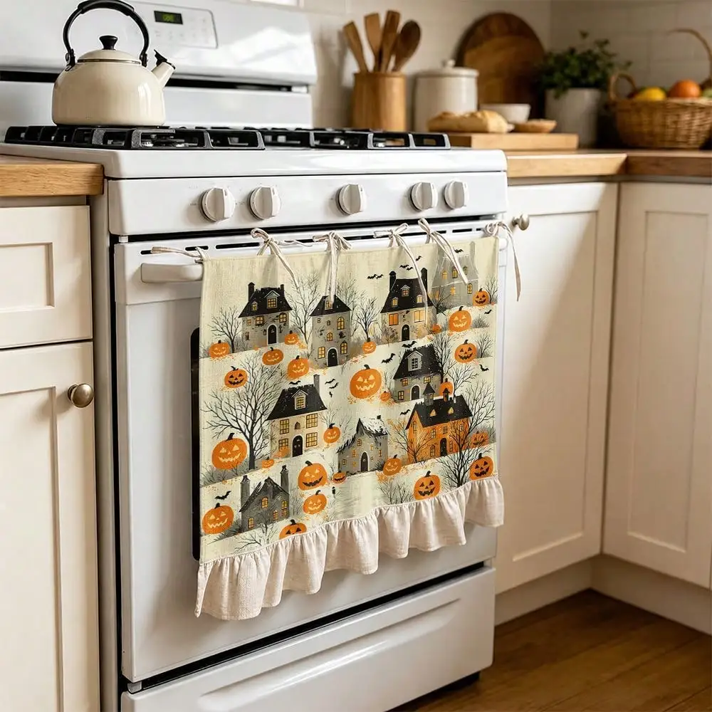 2D Halloween Haunted House And Pumpkin Pattern Multi-Functional Decorative Curtain, Suitable Kitchen Valance, Oven Cover, Washing, Dishwasher, Bathroom Window Treatment, And Kitchen Decor, Halloween Kitchen Apron