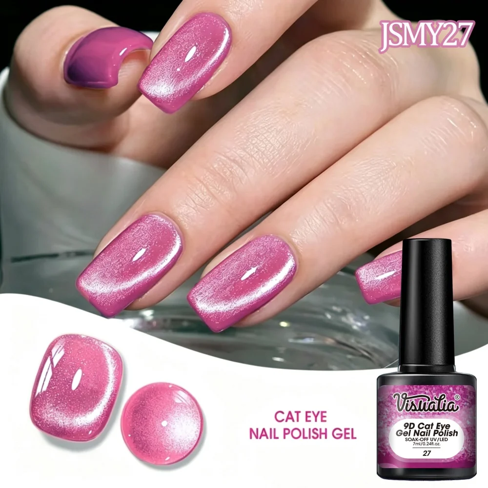 Visuatia Bright Pink 9D Cat Eye Nail Polish, a Translucent Rose Pink Base Color That Creates a Sparkling Mirror Cat Eye Effect, with Vibrant and Eye-Catching Colors That Can Be Applied in a Single Coat to Create a Dyna
