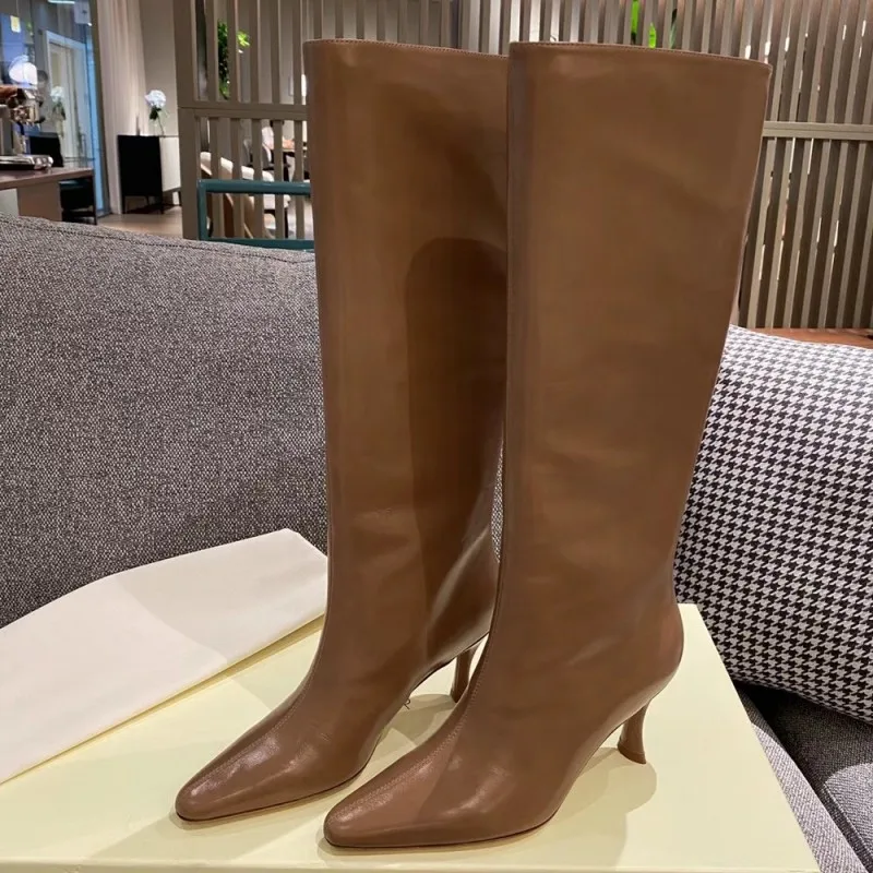 Sexy High Knee Boots Women Genuine Leather Pointed Toe Autumn Winter Black Red Western Chelsea Boot Fetish Party Shoes Ladies