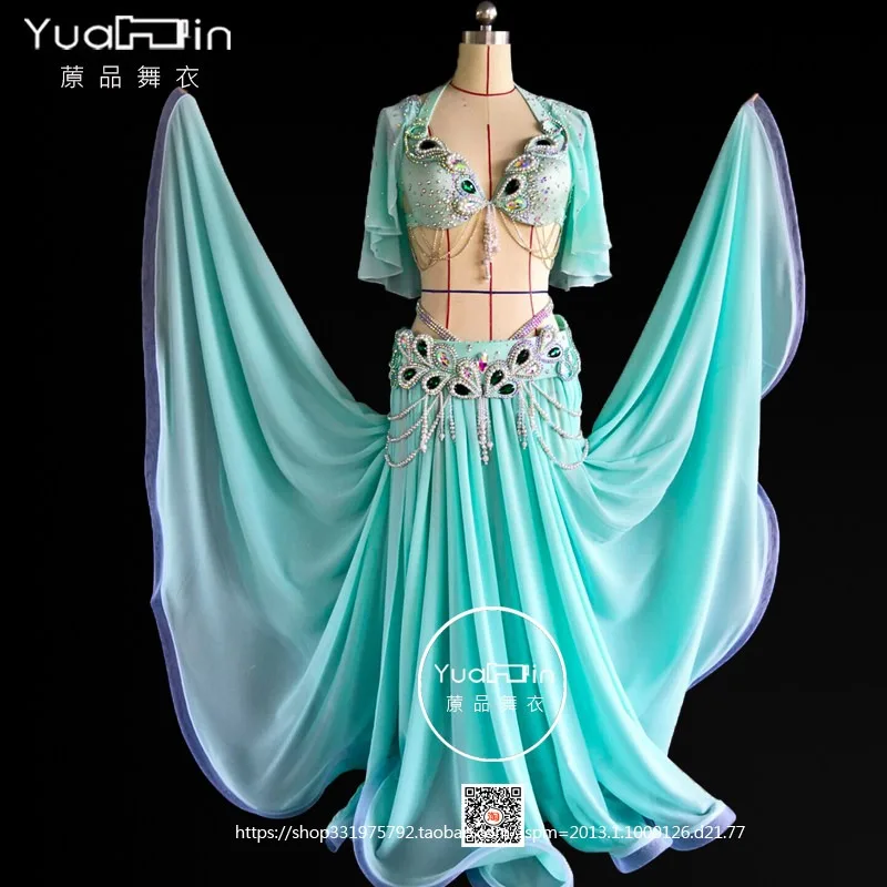 Customized Belly Dancewear Rhinestone Accessories Group Stage Suit Performance Costume Belly Dancing Bra Tassel Split Skirt Set