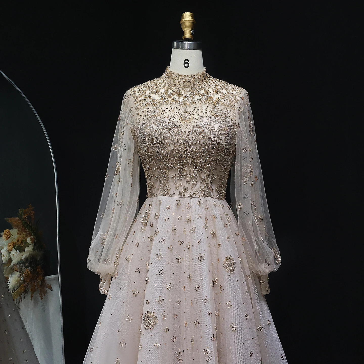 Sharon Said Elegant Champagne Luxury Dubai Women Evening Dress for Wedding Long Sleeves Arabic Party Formal Gowns SS223 Custom image 2
