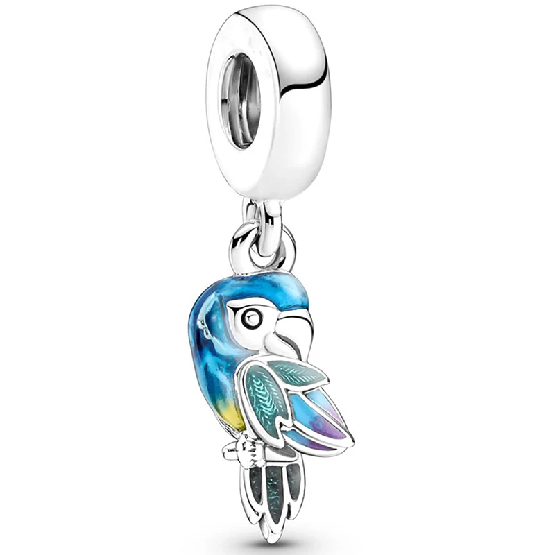 2Pcs/Lot Jungle Paradise Parrot Charm Pendant With Silver Color Beads Bracelets Necklaces For Women Men Girl Jewelry Accessories