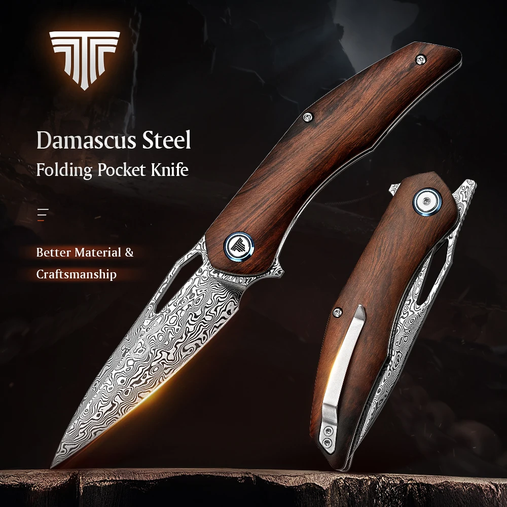 TRIVISA 3.62'' Damascus Folding Pocket Handmade Knife for Men With Clip, Knife for  EDC Camping.Ironwood Handle &Ti Ring