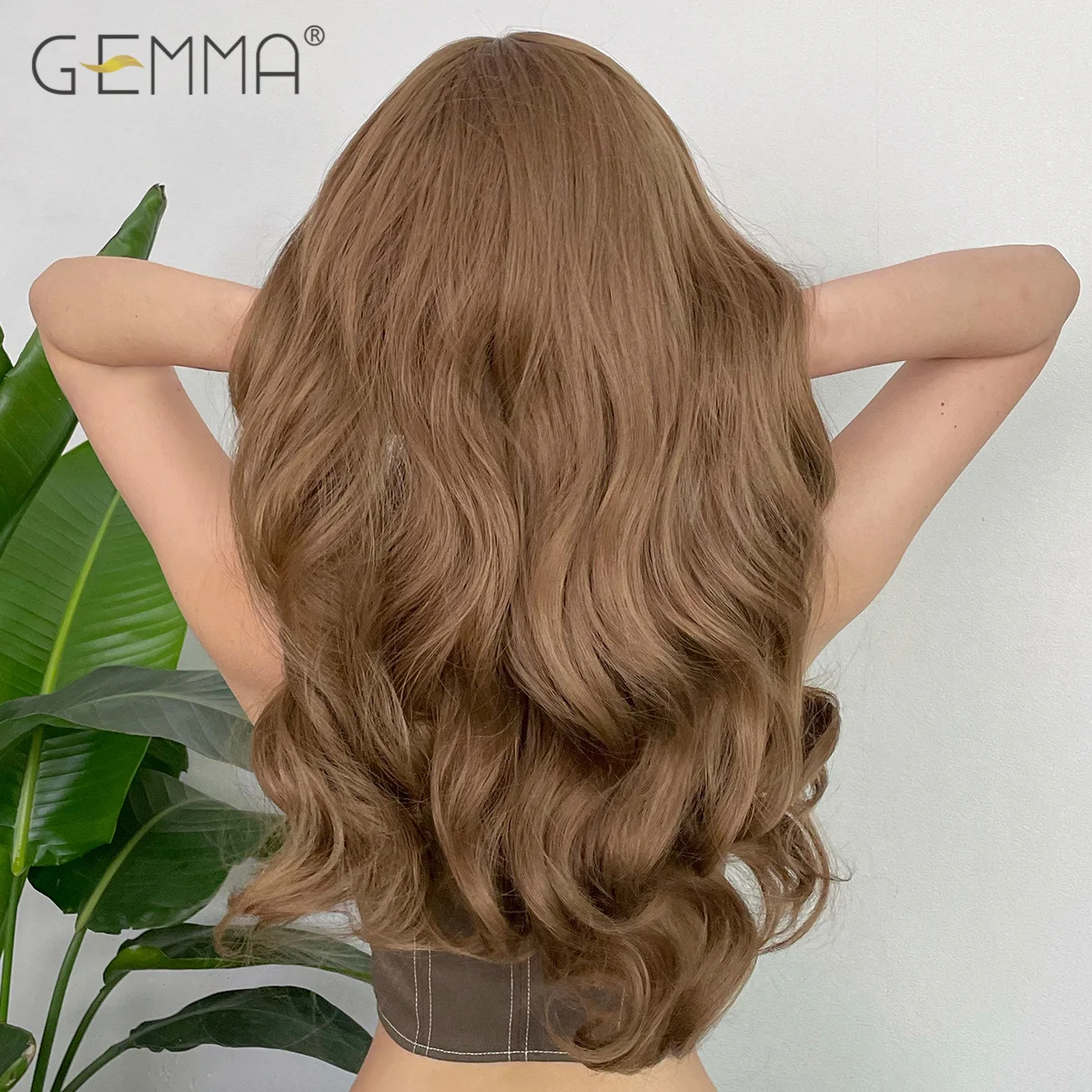 GEMMA Long Wavy Cold Light Brown Synthetic Wigs with Bangs Natural Wave Cosplay Daily Hair Wigs for Women Heat Resistant Fiber