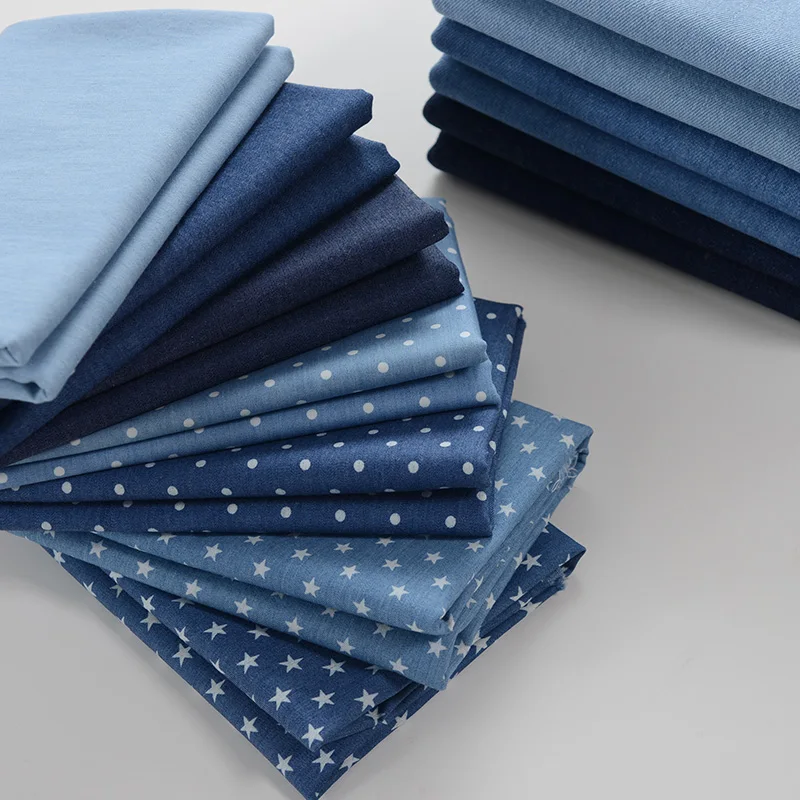 145X50cm Thickness Sand Wash Blue Washed Denim Star Dots Fabric Cotton Pants Clothes  Sewing Cloth