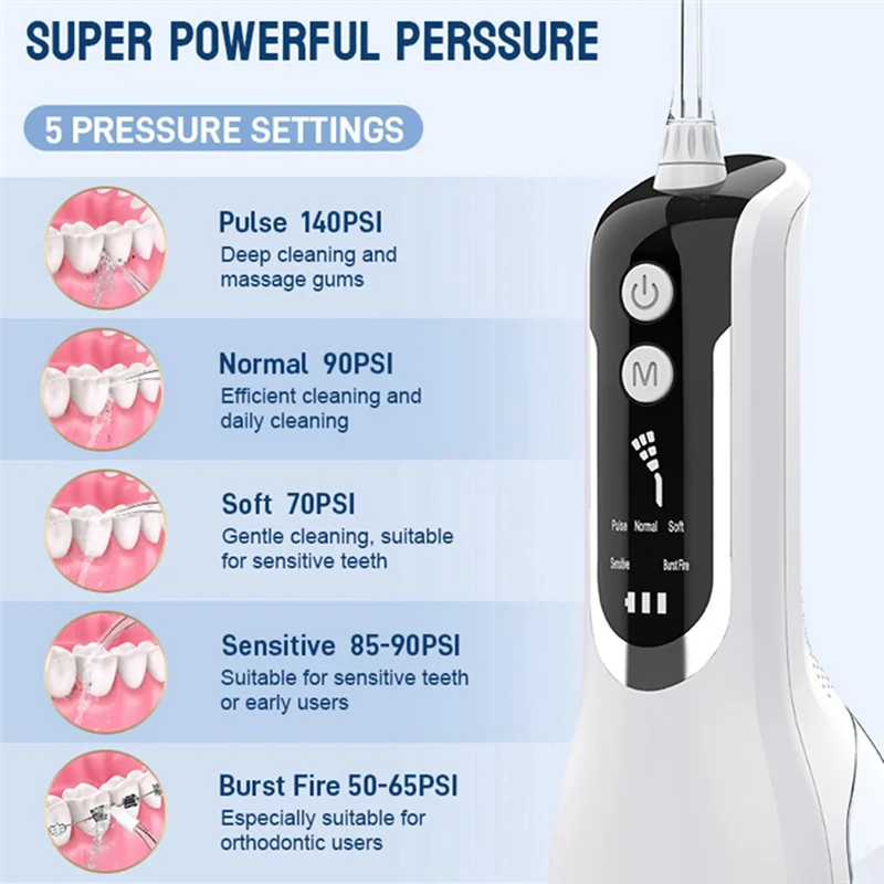 Oral Irrigator USB Rechargeable Water Flosser Portable Dental Water Jet 330ML Water Tank Waterproof Teeth Cleaner White