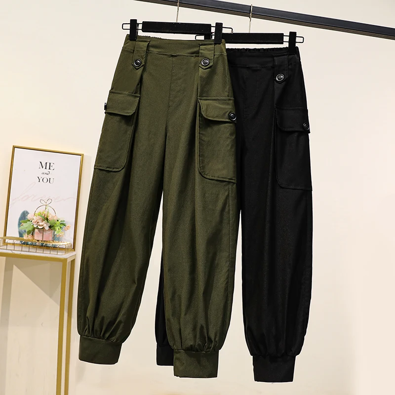 

Spring Fall Fashion Women's Solid Color Multi Pocket Cargo Trouser Female Empire Waist Loose Streetwear Ankle Length Harem Pants