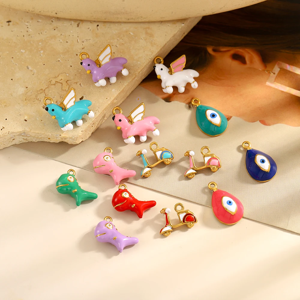 

CARLIDANA Enamel Gold Plated Cute Animal Beaded Jewelry Motobike Evil Eye Stainless Steel Accessories Pendant for Jewelry DIY