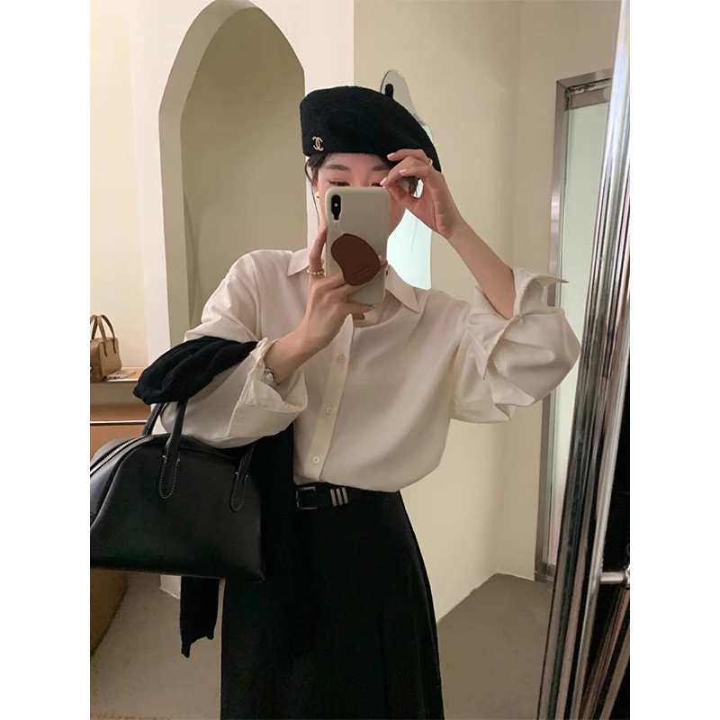 Women Spring Korean Office Lady Loose Appear Thin Solid Color Square Collar Long Sleeve Shirts Ladies Casual All-match Top Tee