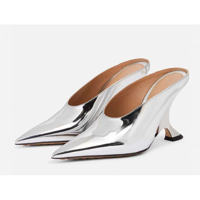European Style Shiny Metallic Mule Shoes Women Faux Patent Leather Point Toe Irregular Sculpture Heel Backless High Heels448