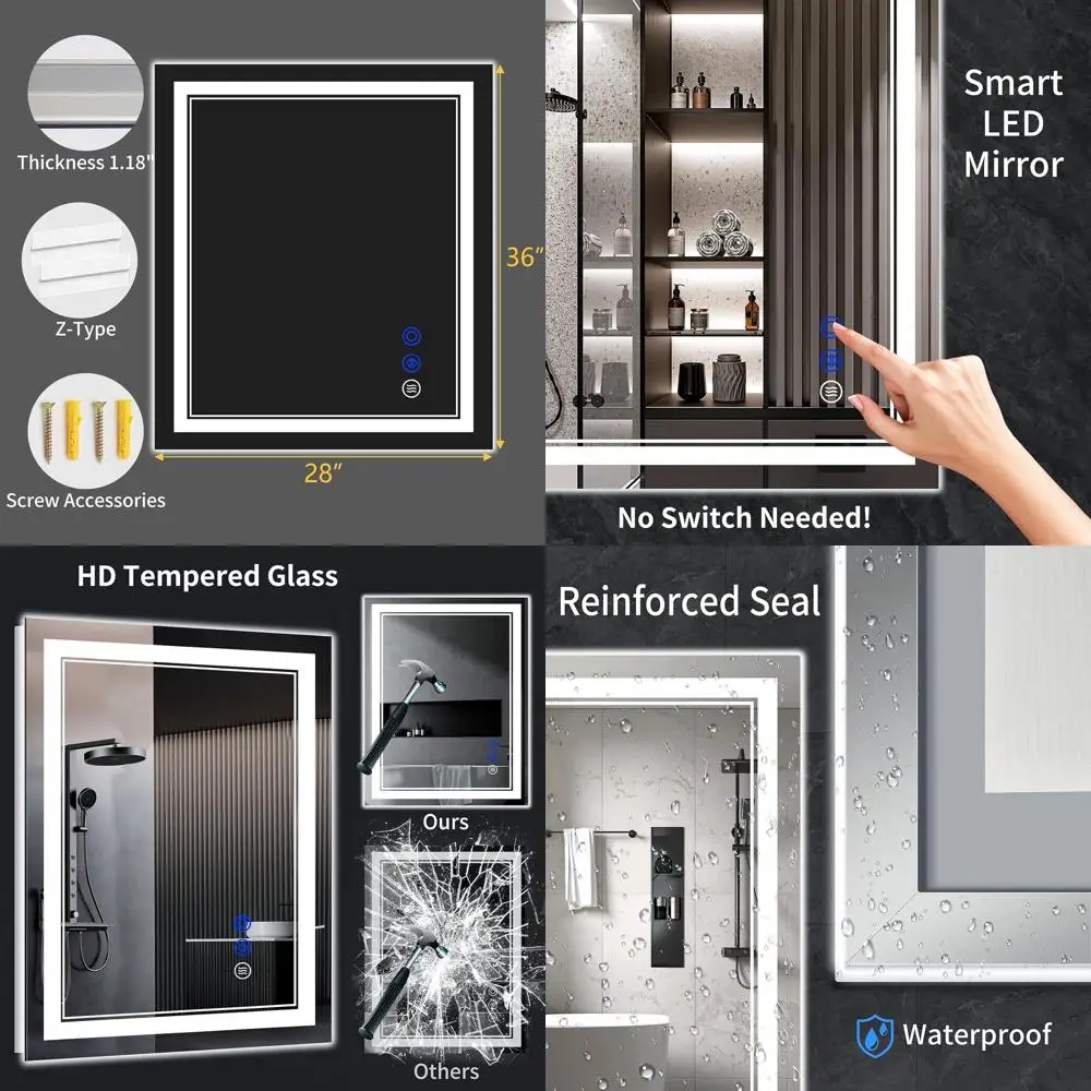

Anti-Fog LED Bathroom Mirror, 36x28, Stepless Dimmable Lights, 3 Color Modes, Shatter-Proof, Waterproof