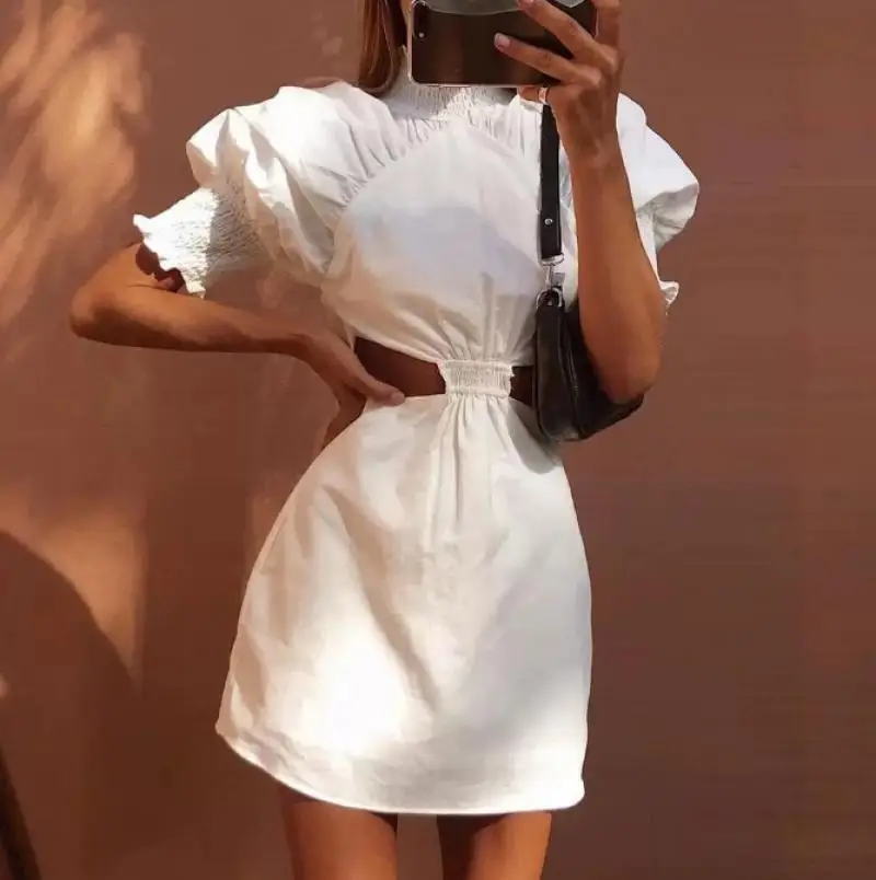 Elegant Women's Dresses 2024 Summer Casual High Neck Bubble Sleeves Sexy Waist Hollow Out Backless Lace Up Women's Midi Dresses
