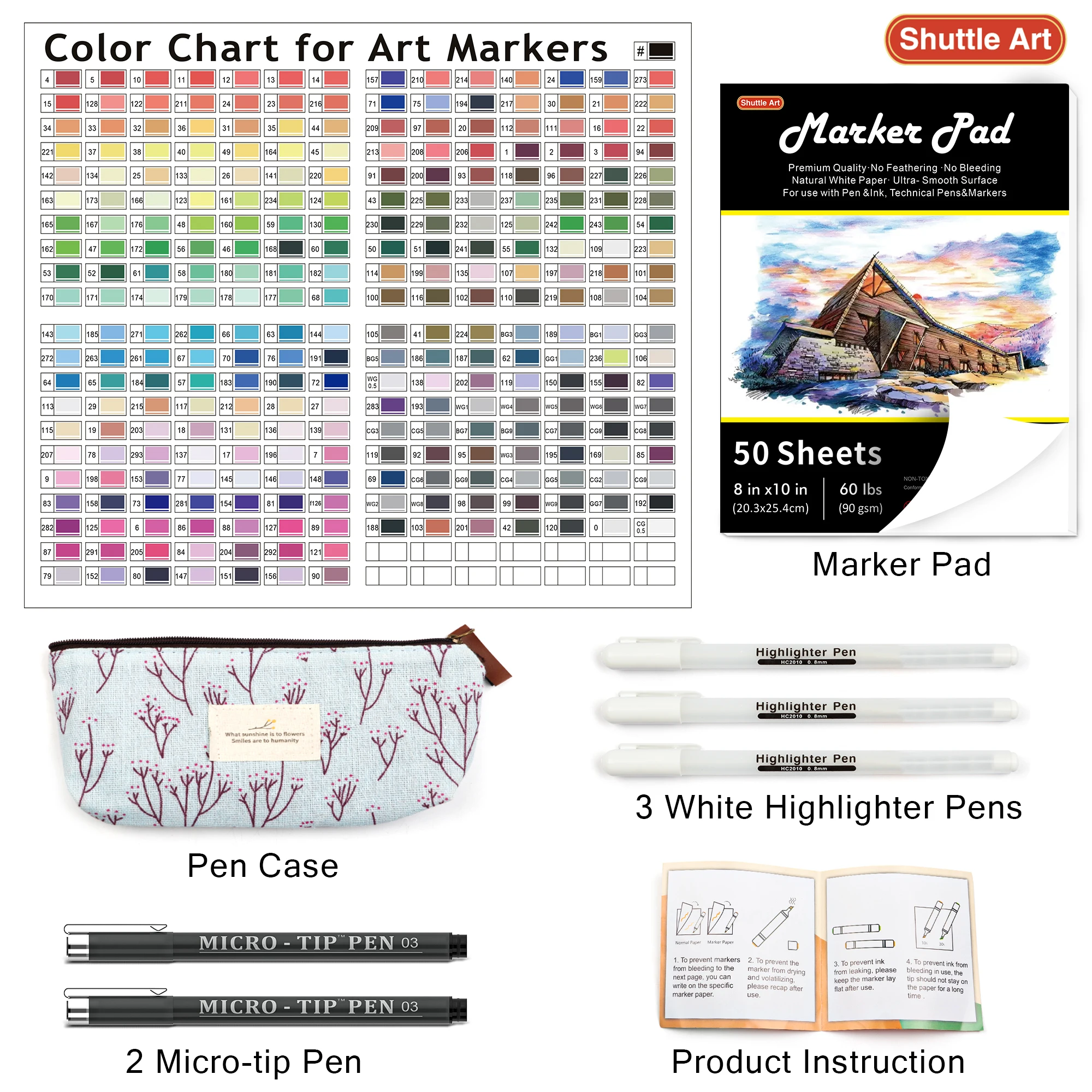Shuttle Art 280 Colors Dual Tip Alcohol Based Art Markers, 279 Colors Permanent Marker Plus Colorless Blender, Micro-tip Pens, White Highlighter Pens, Marker Bag with Holders for Kids Adult Coloring