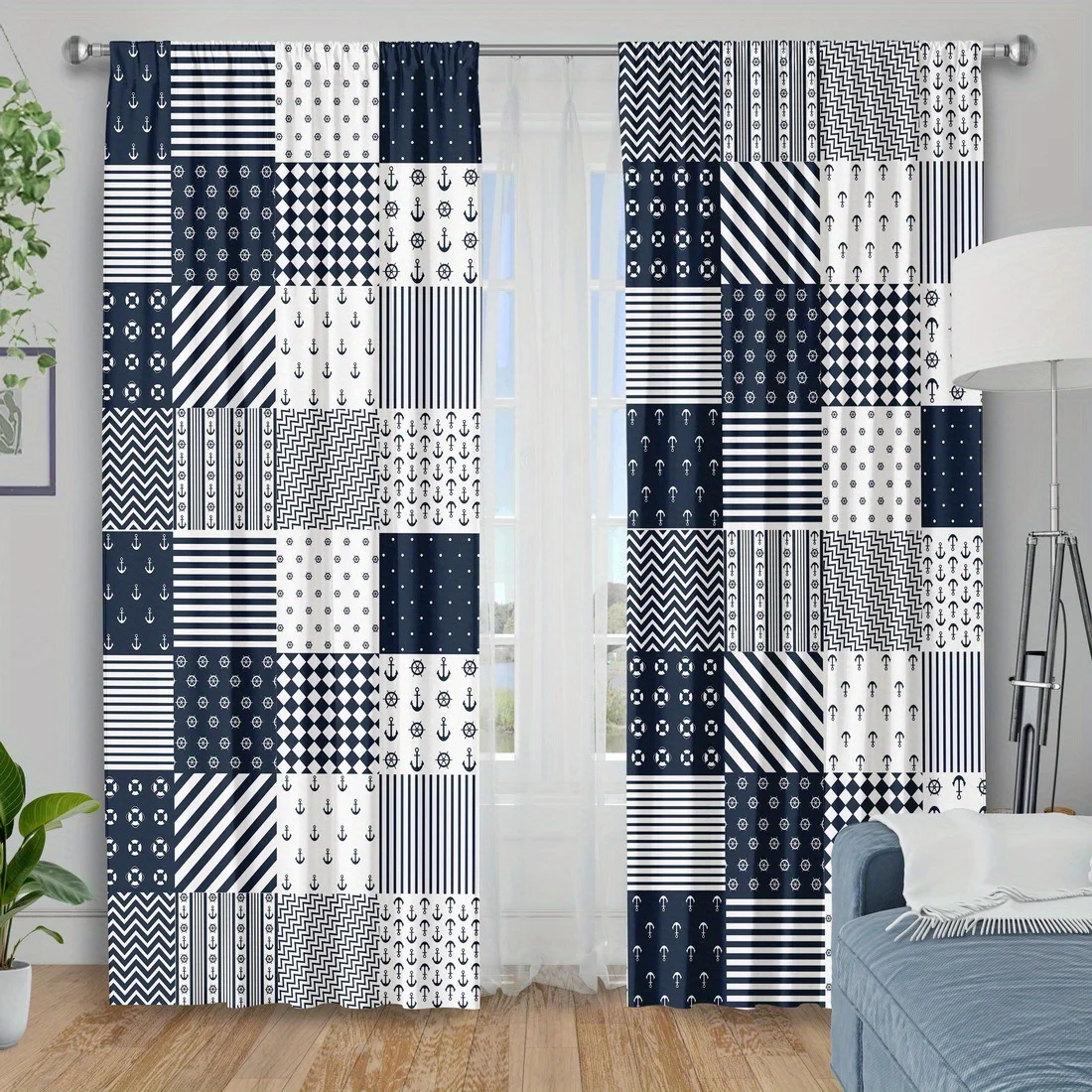 2pc Navy blue and white anchor pattern curtains, polyester fabric, machine washable, suitable for living room and bedroom.
