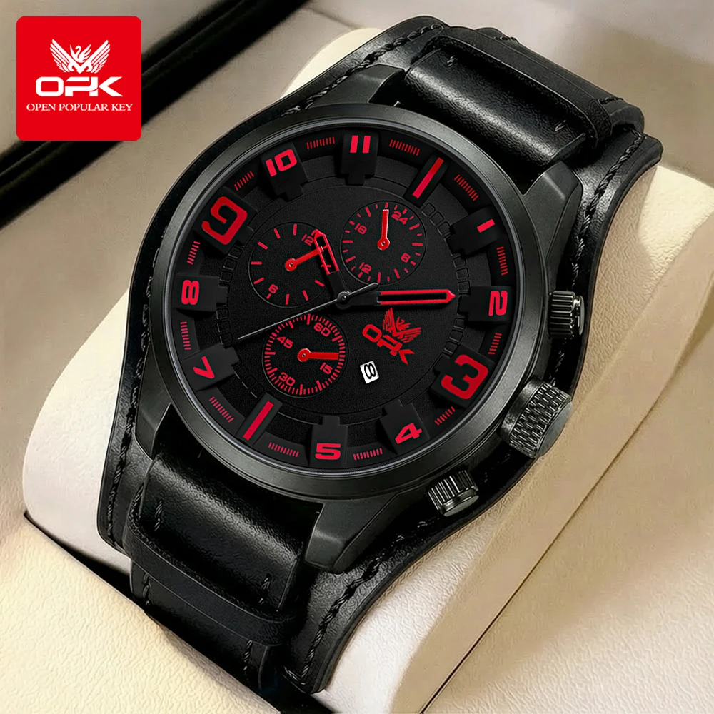 

OPK 6091 Fashion Quartz Movement Watch Men Classic Round Dial Leather Strap HD Luminous Function Waterproof Calendar Watch