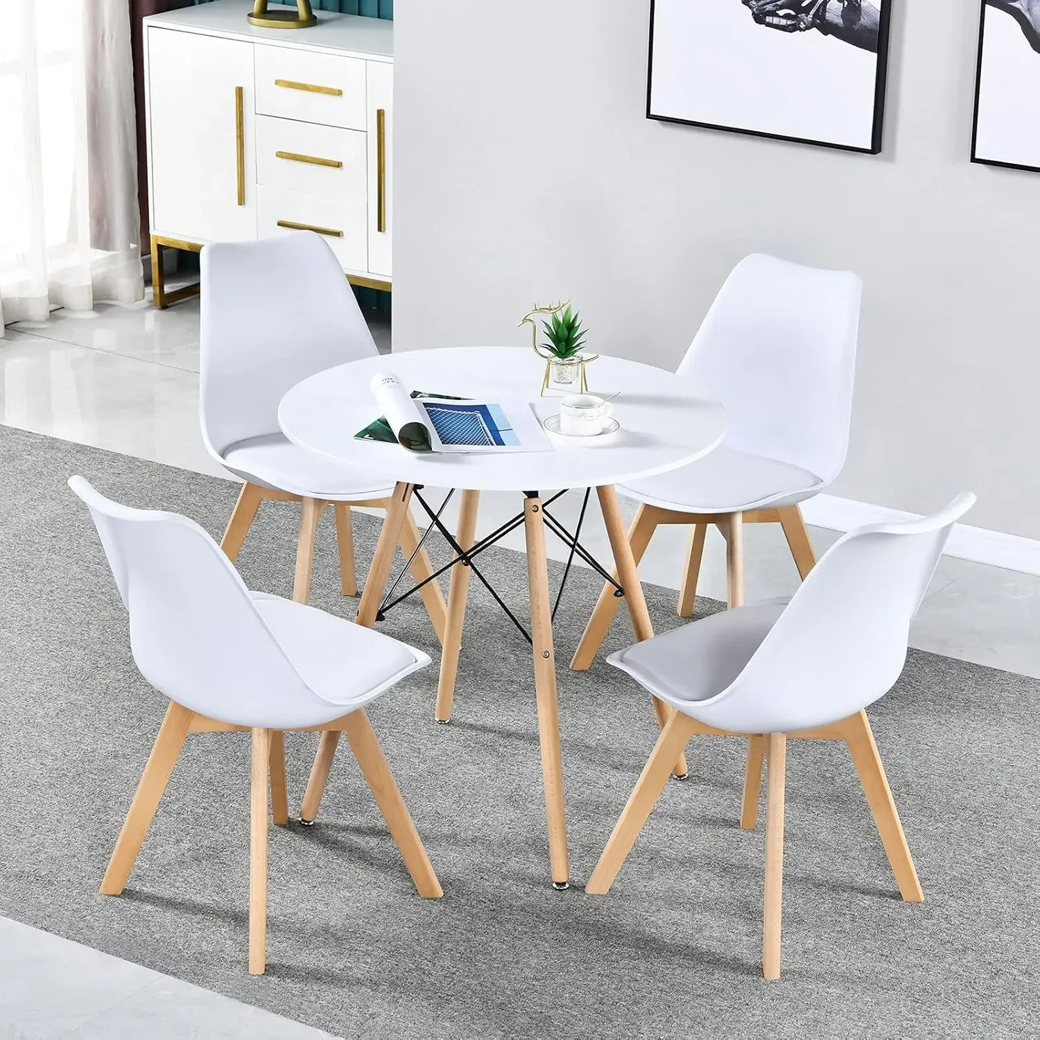 Round White Dining Kitchen Table Modern Leisure Table 31.5" With Wooden Legs For Office & Conference 2 To 4 People|