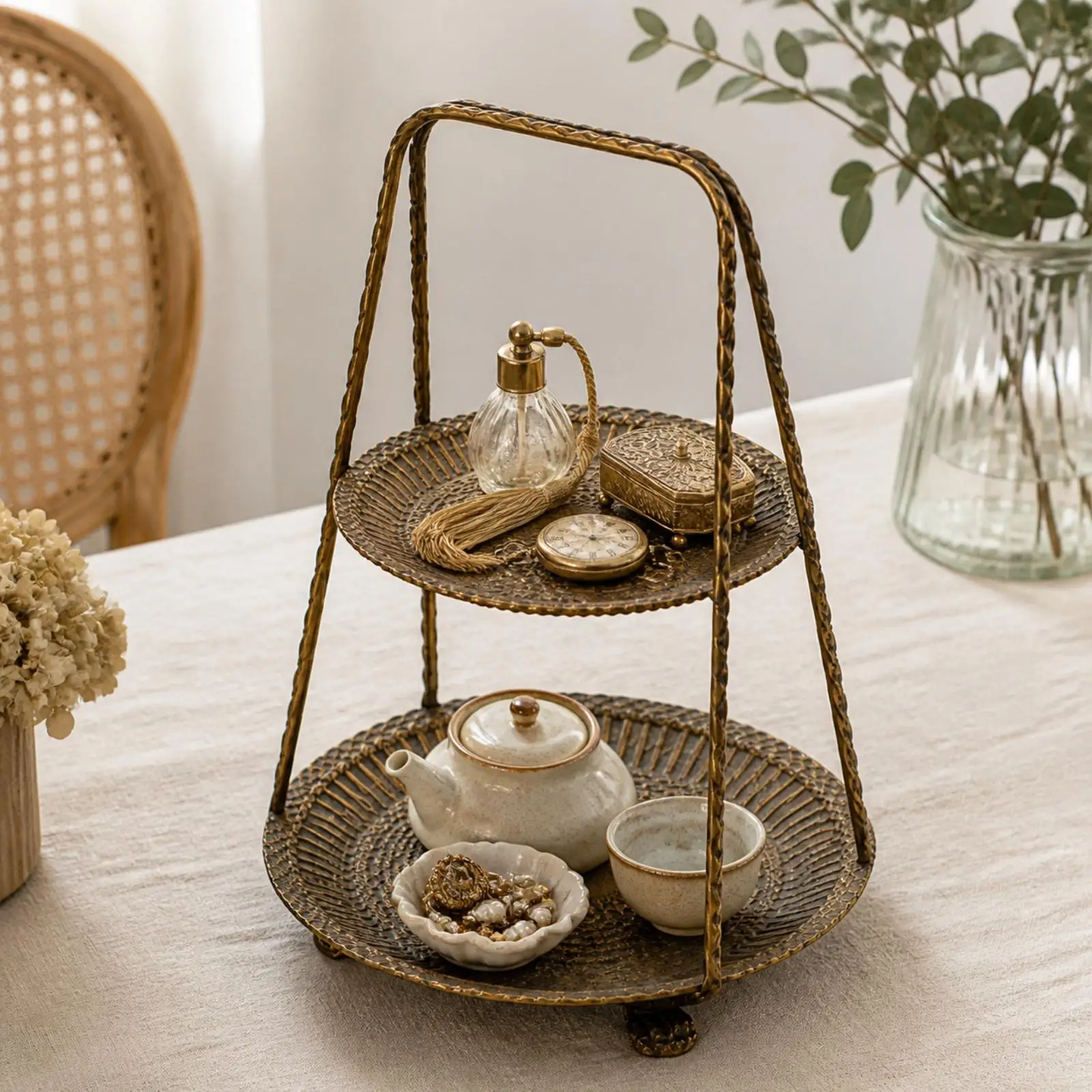 Metal Bird Feeder Two Tier Tray on Stand for Patio Garden Courtyard Attract Feathered Visitors