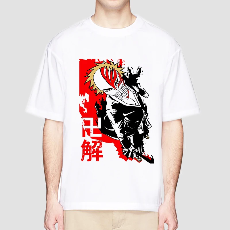 Anime Bleach T Shirt for Men Ichigo Graphic T Shirts White Japanese Harajuku Fashion Casual O-Neck Short Sleeve Tee Summer Top