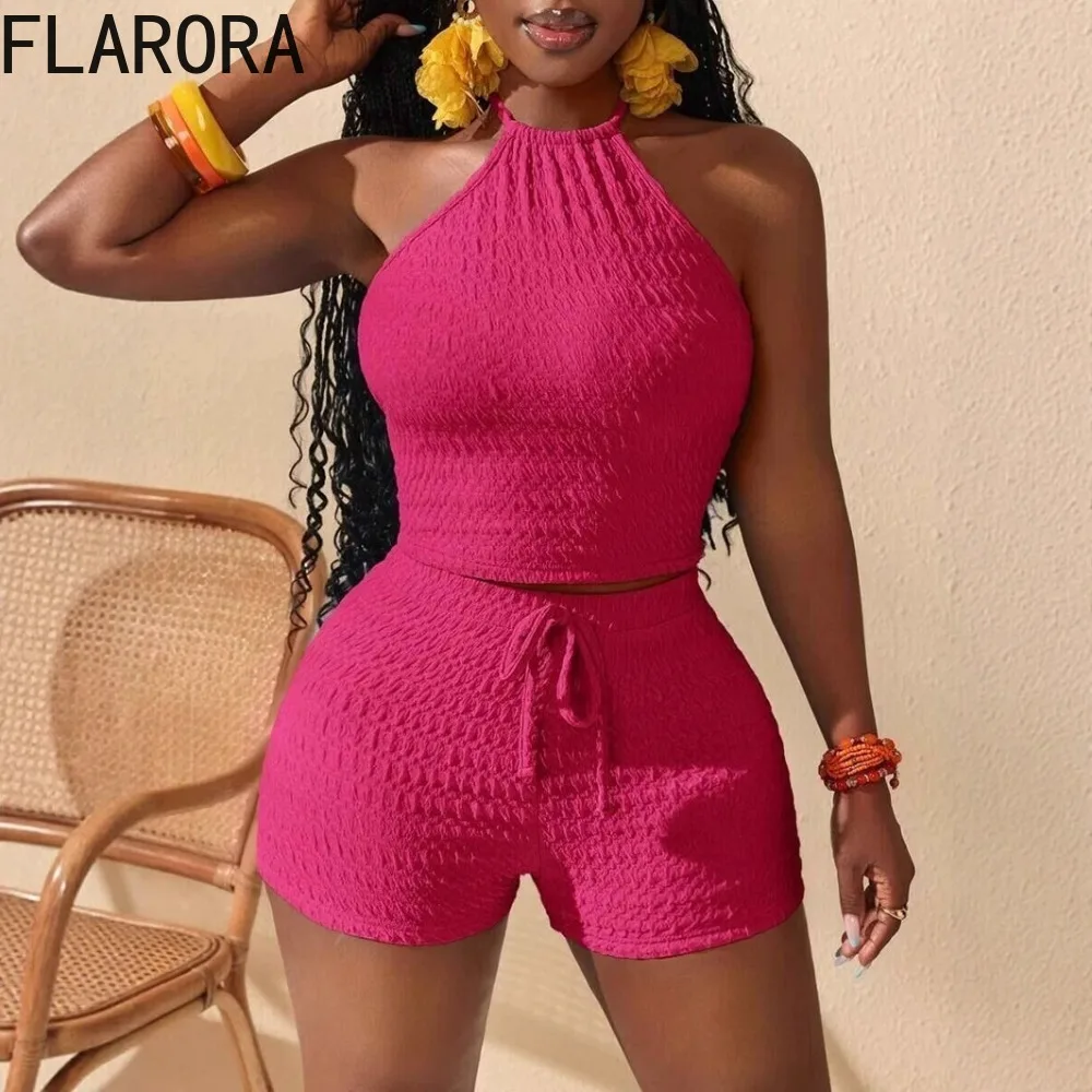 

FLARORA Fashion Knited 2 Pcs Sets Woman Halter Backless Crop Tank Tops And Drawstring Shorts Outfits Summer Beach Vacation Suits
