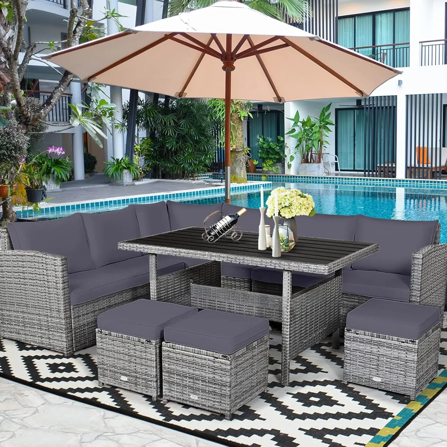 

7PCS All Weather Heavy Duty PE Wicker Sectional Sofa w/ Dining Table & Ottomans, Rattan Conversation Set for Backyard,Poolside