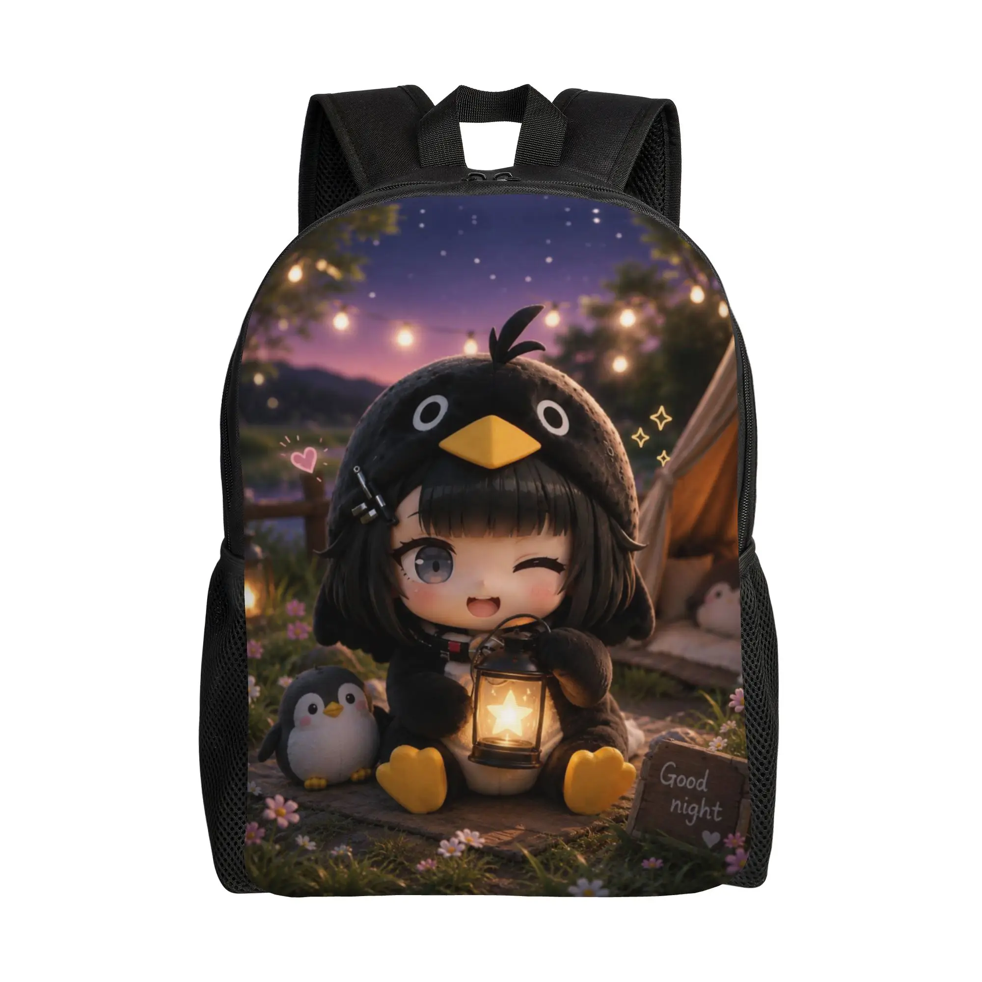 Book Pack Back to school season Night Camping Lantern Little Penguin Twin Girl Cozy Aesthetic Graphic Gugugaga   Solid Backpack