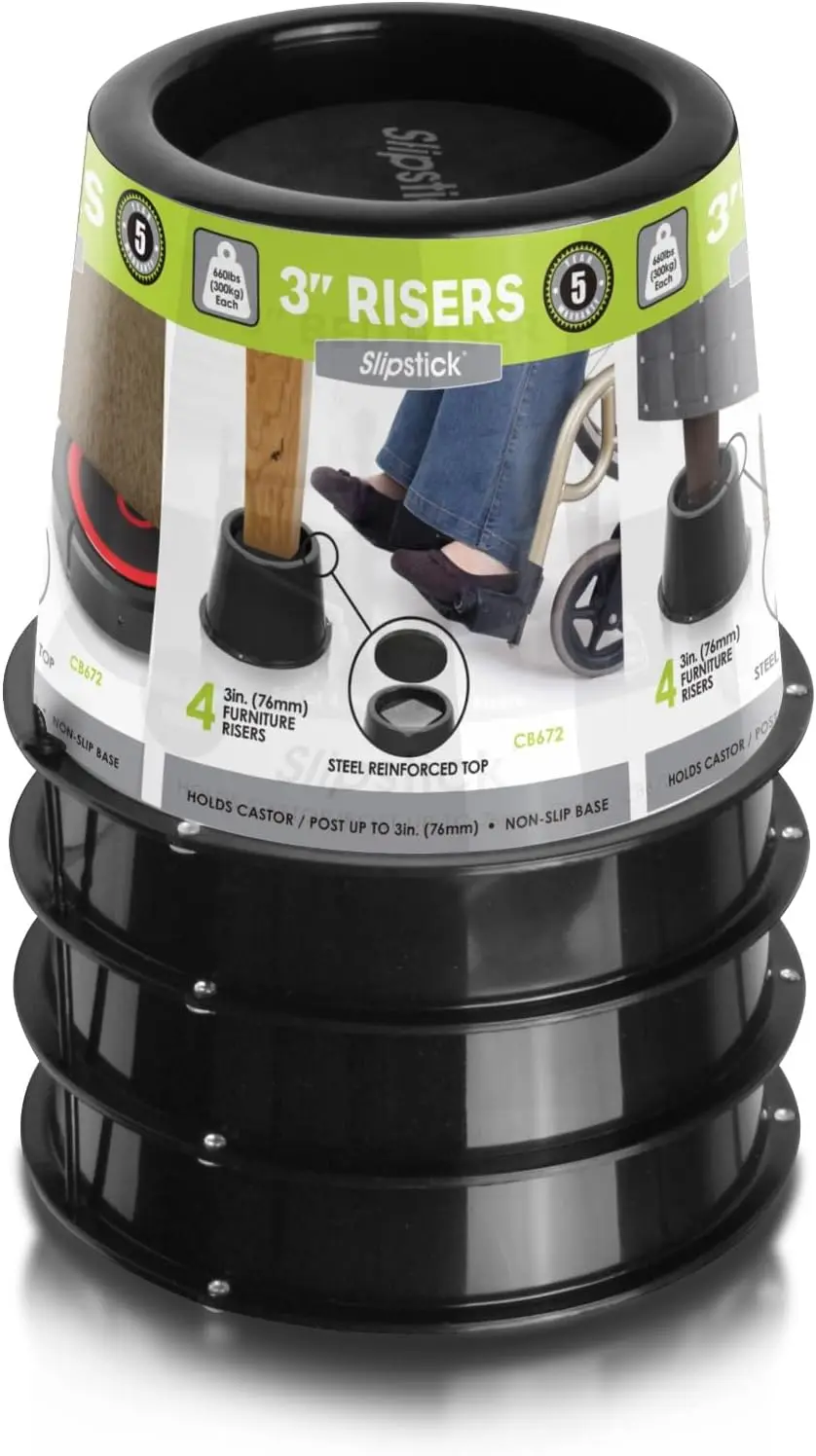 

Premium 3 Inch Bed Risers/Furniture Raisers with Steel Reinforced Caster Wheel Holder Top, Lifts Height 3 (4 Pac