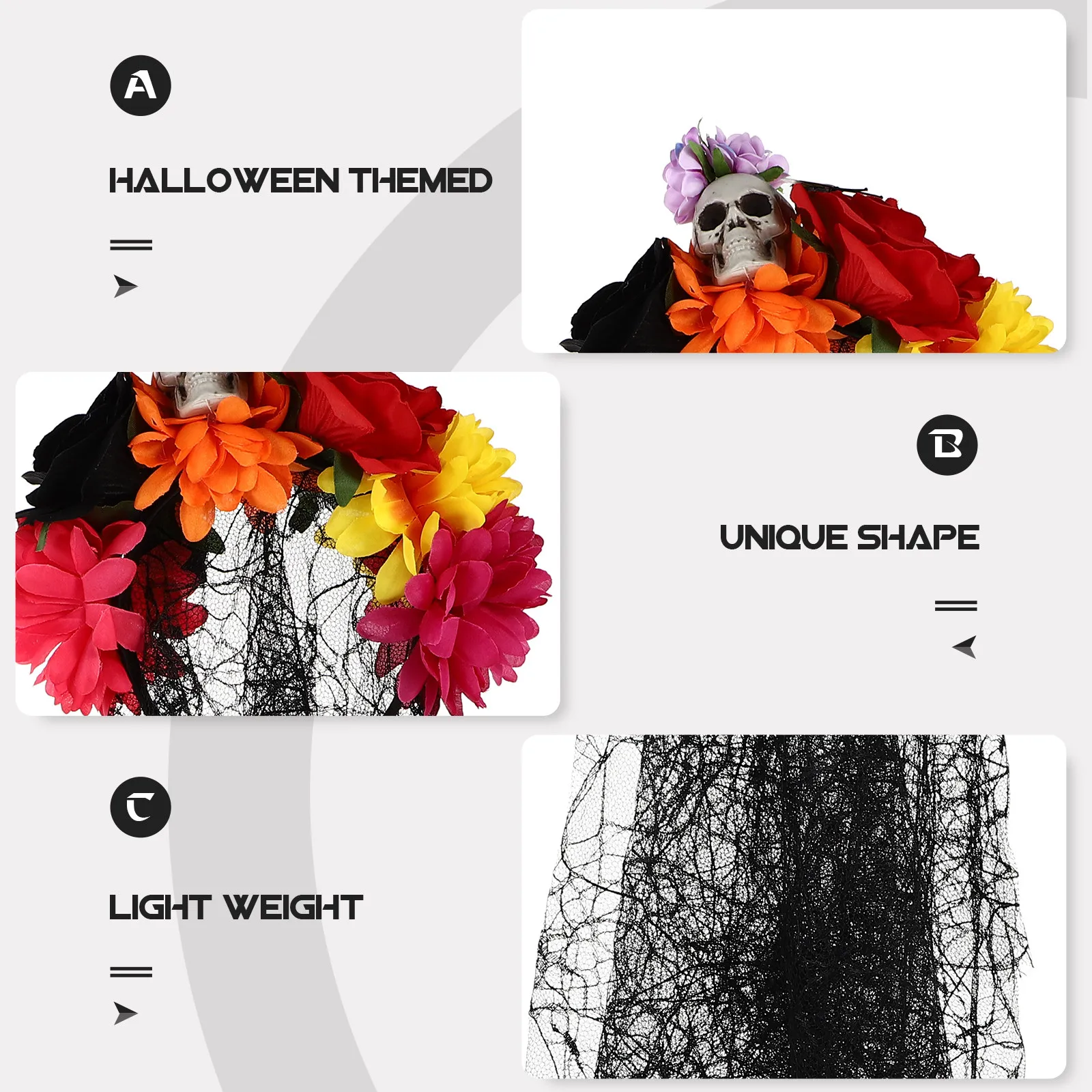

1Pcs Halloween Skull Headdress Creative Skull Headband Halloween Party Veil Hair Hoop Simulation Rose Flower Headband Costume