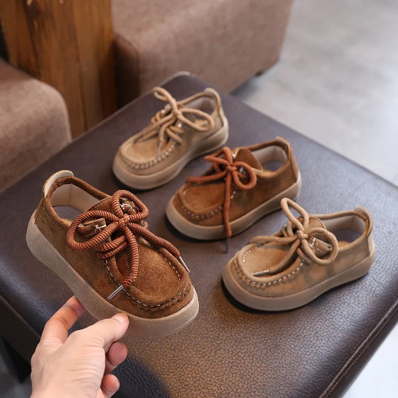 

Children Leather Shoes Retro Soft Sole Kids Casual Shoes Round Toes 2025 New Fashion Boys Girls Flat Shoes Classic British Style
