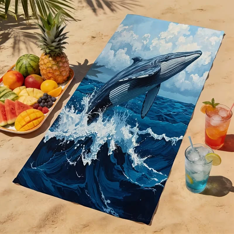Deep Sea Whale Beach Towel Blue Ocean Marine Art Print Quick Dry Sandproof Absorbent Towel for Summer Beach Travel Vacation
