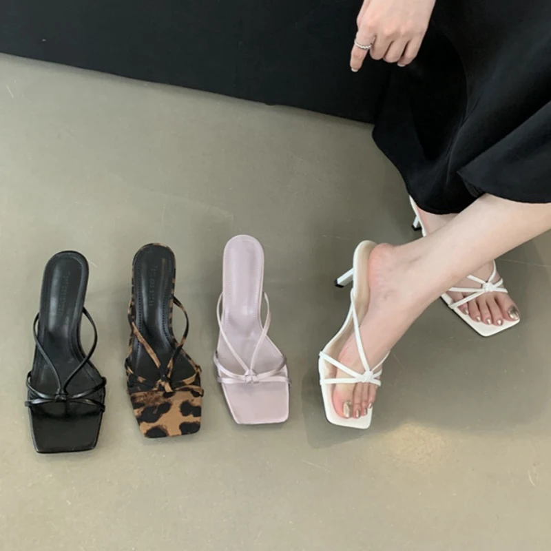 Fashion Brand High Heels Slippers Women Sandals Slip On Slides Leopard Print Shoes Elegant Narrow Band Slipper Party Dress Mujer